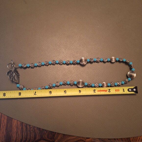 Vintage Turquoise Silver Bead Necklace Leaf Toggle Clasp 16 Inch Costume‎ - Picture 9 of 13